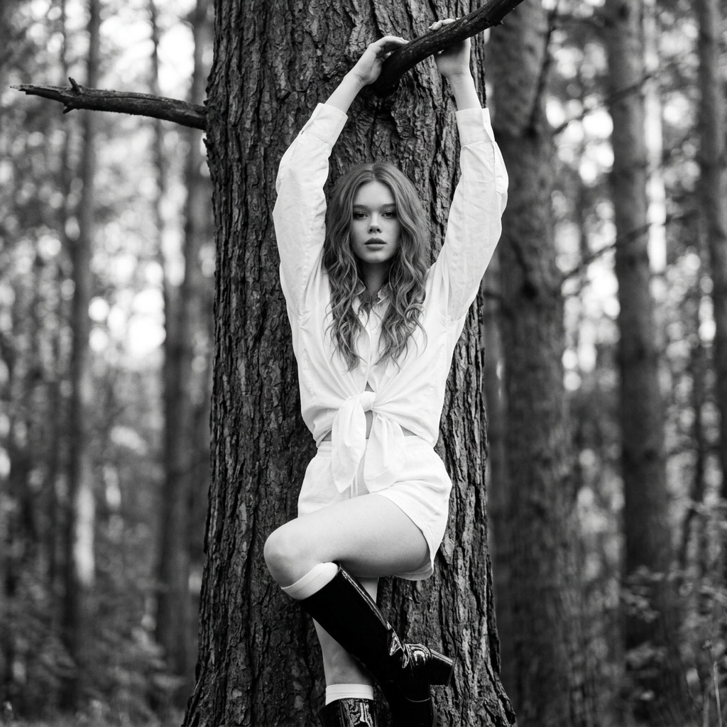 Forest Fashion Portrait White Outfit Arched Pose