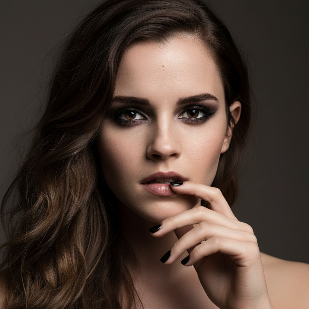 Close-up of a woman with dark wavy hair, expressive eyes, and sensual lips, hand on mouth in dramatic lighting.