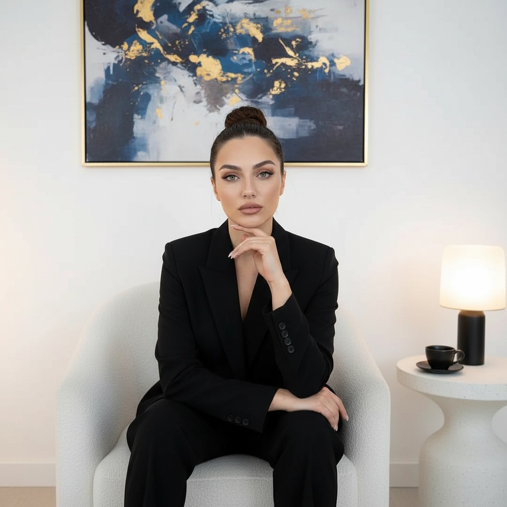 Ava in a black suit sitting elegantly on a luxurious white chair, chin resting on hand, exuding confidence.