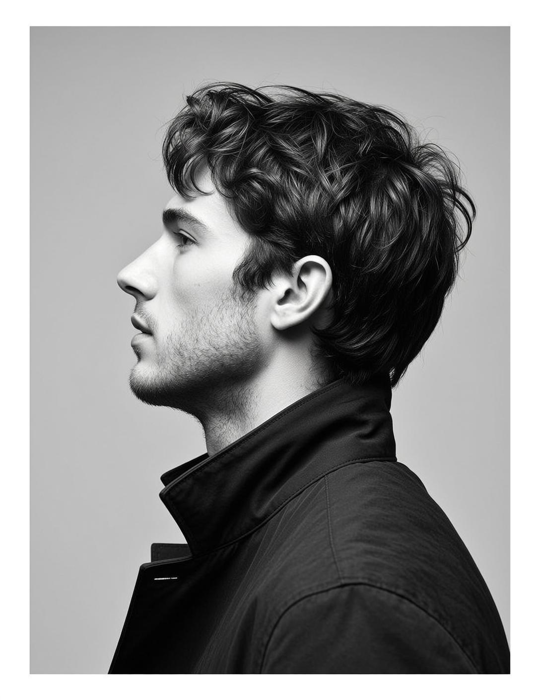 Black And White Medium Shot Portrait Young Man Profile Facing