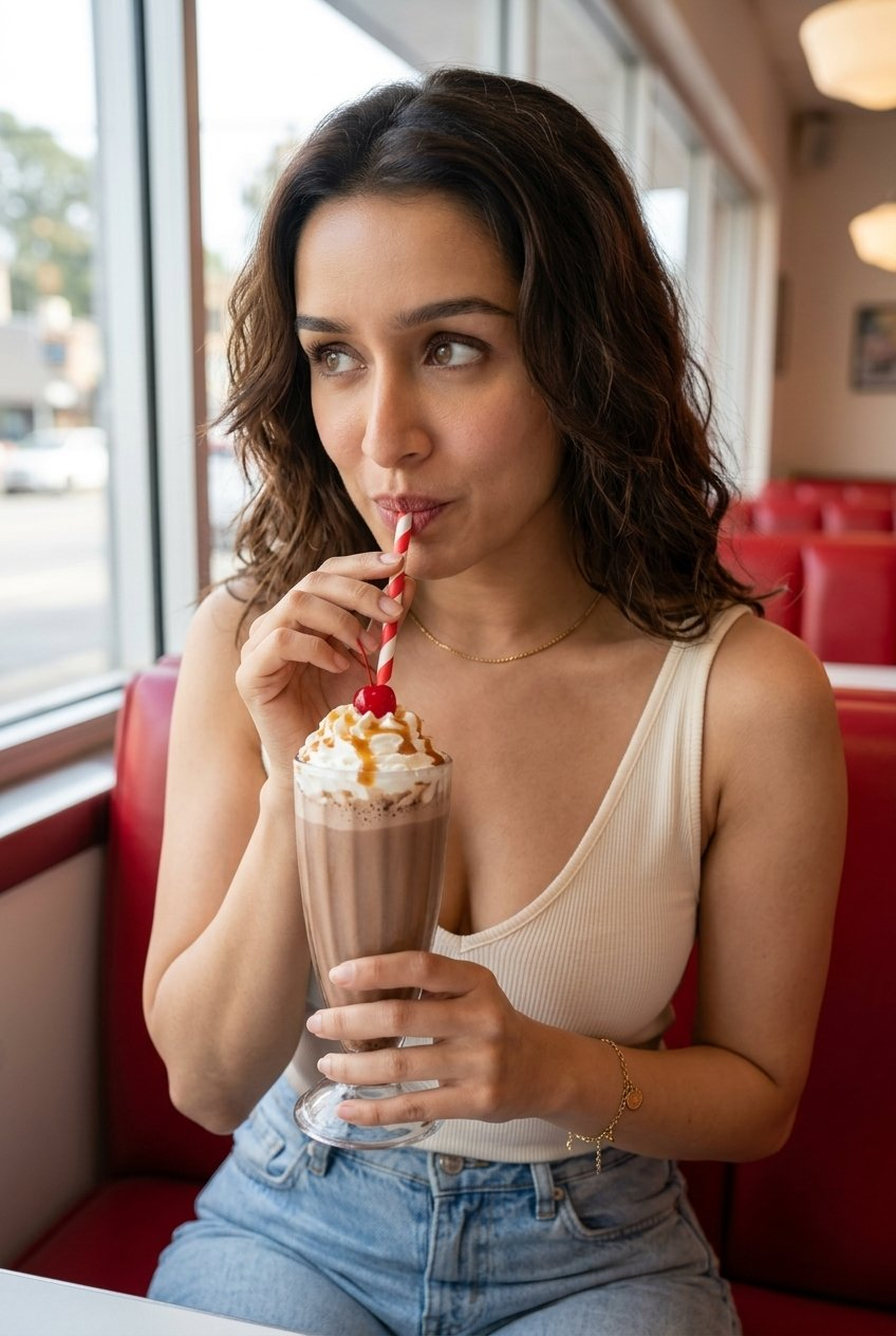 A playful woman in a cream tank top sipping a cold coffee milkshake in a retro diner, sunlight highlighting her features.