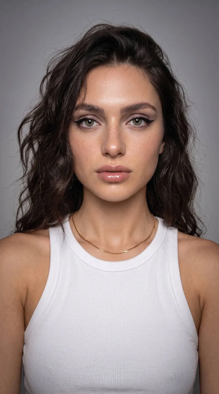 Euphoria Makeup Selfie White Tank Top Gray Background