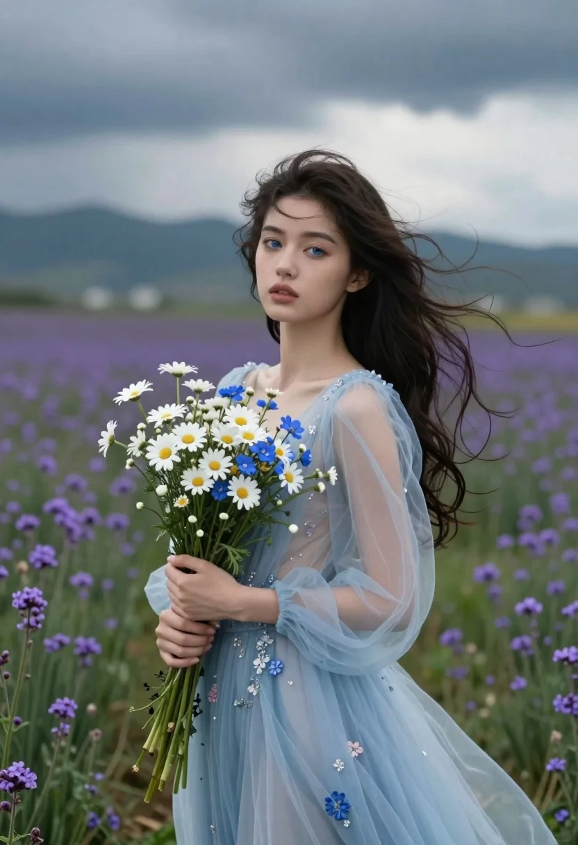 Young Woman With Long Dark Hair Stands Field Purple Wildflowers
