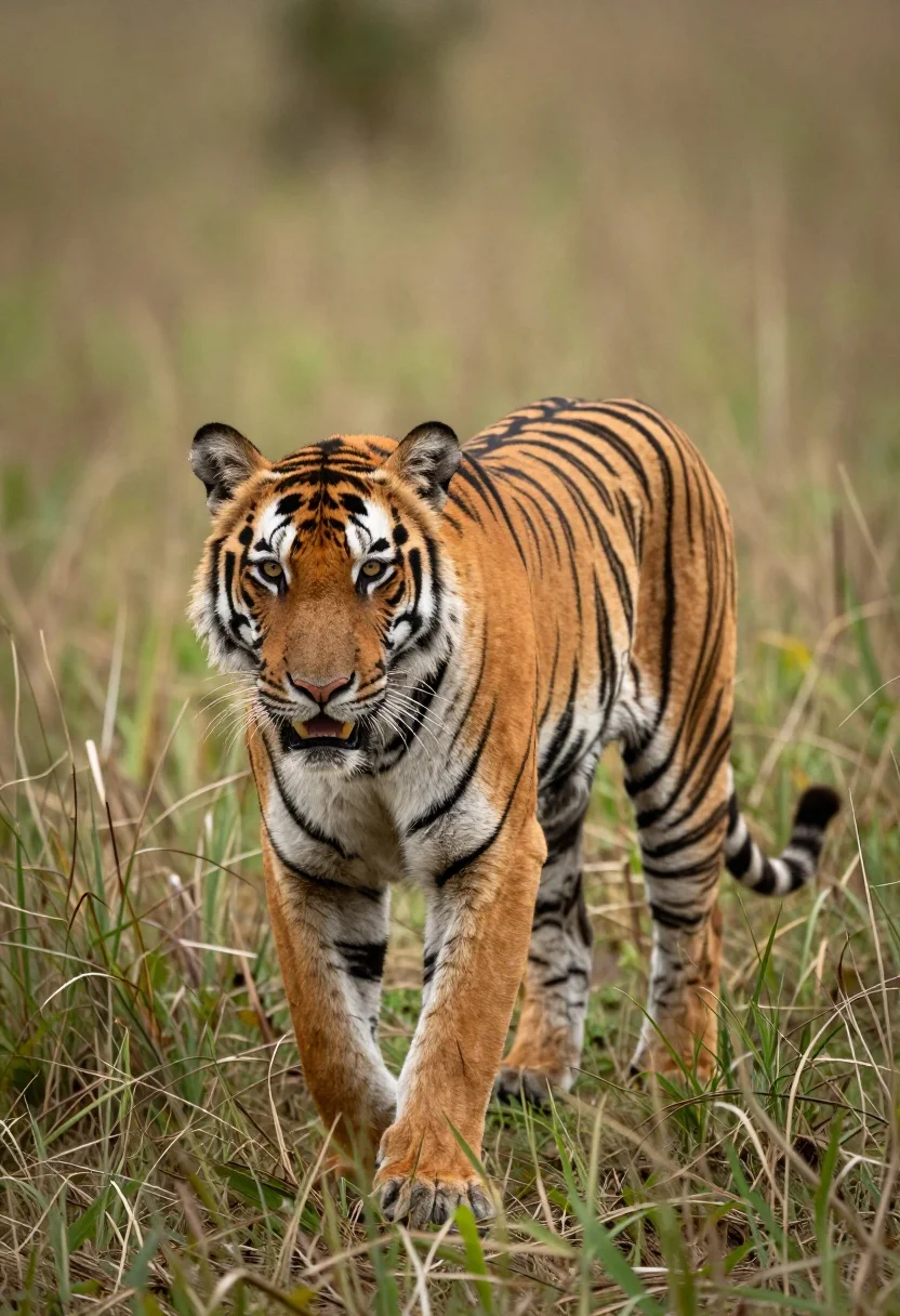 Majestic Tiger Stands Alert Tall Grass Its Mouth Slightly Open