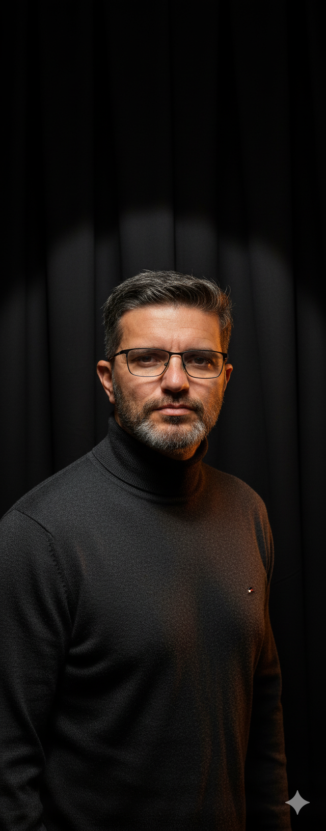 Retrato profesional en estudio con fondo gris texturizado y traje entallado azul marino, iluminación suave y mirada introspectiva.