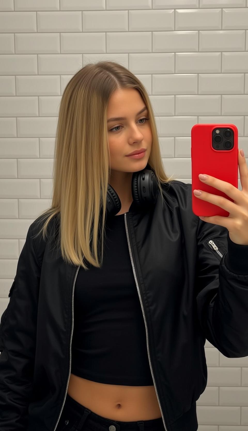 Explore Standing Holding Bright Red Smartphone Her