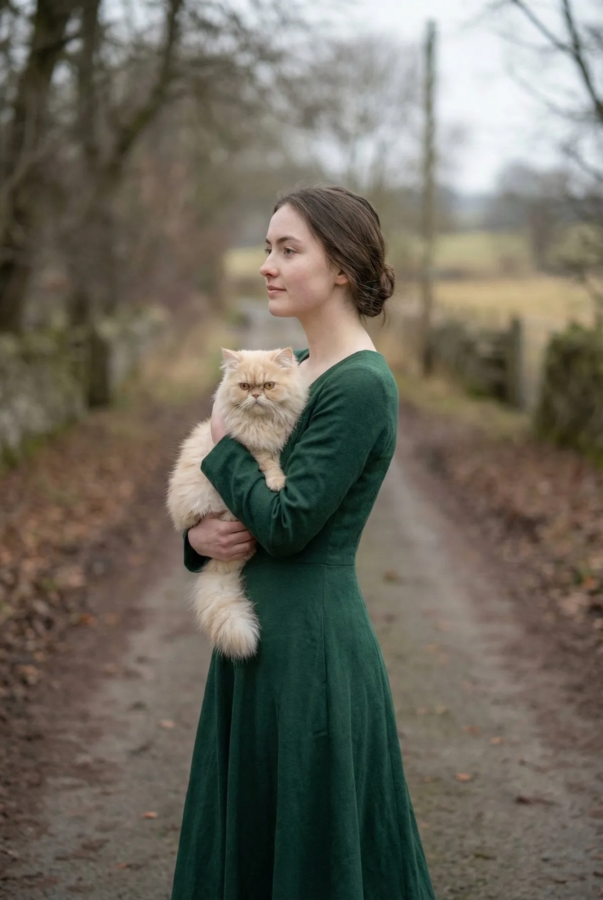 Walking With Persian Cat Elegant Dress Winter Day