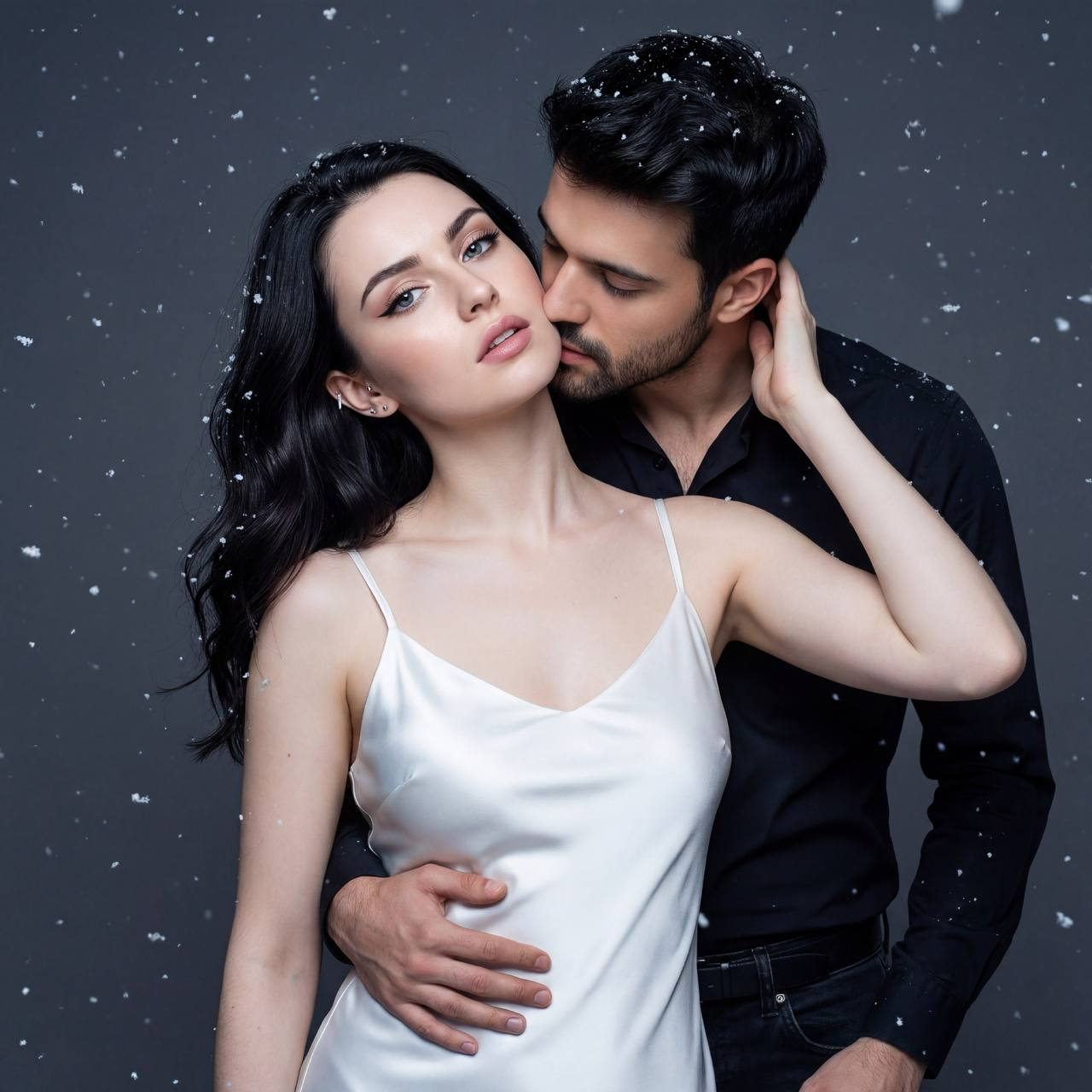 Glamorous close-up portrait of a woman with loose hair wearing a satin slip dress, snowflakes on her and her partner, dark gray background