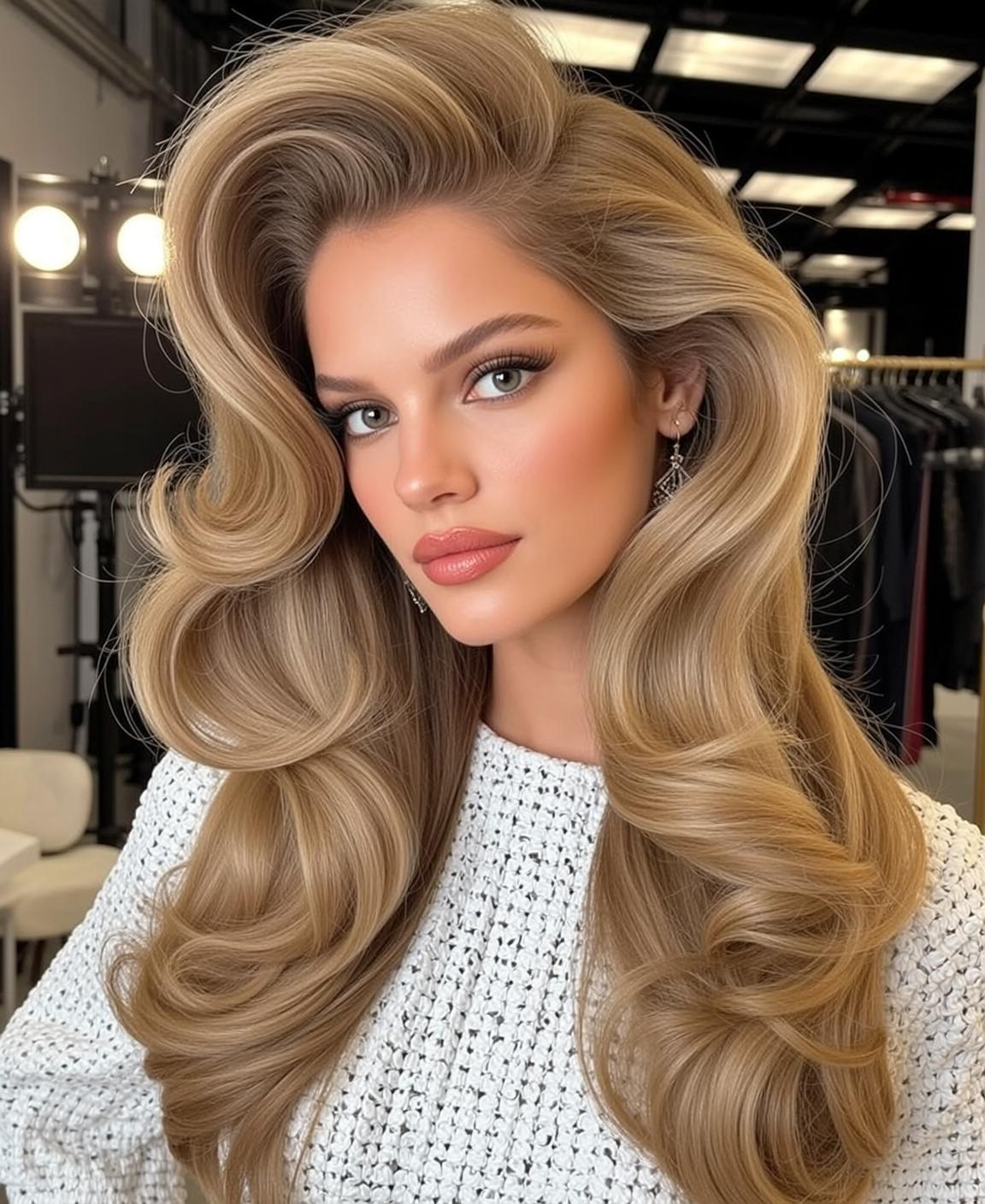 Blonde Wavy Hair Silver Earrings White Sweater