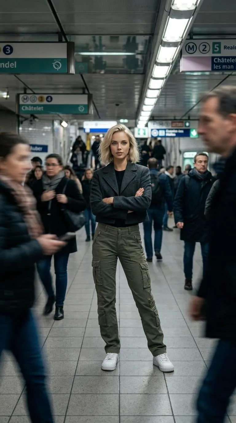 Paris Metro Station Commuter Arms Crossed Blazer Pants
