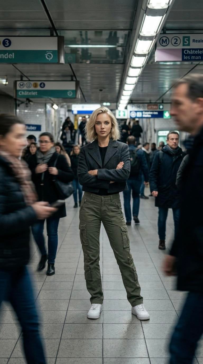 Paris Metro Station Commuter Arms Crossed Blazer Pants