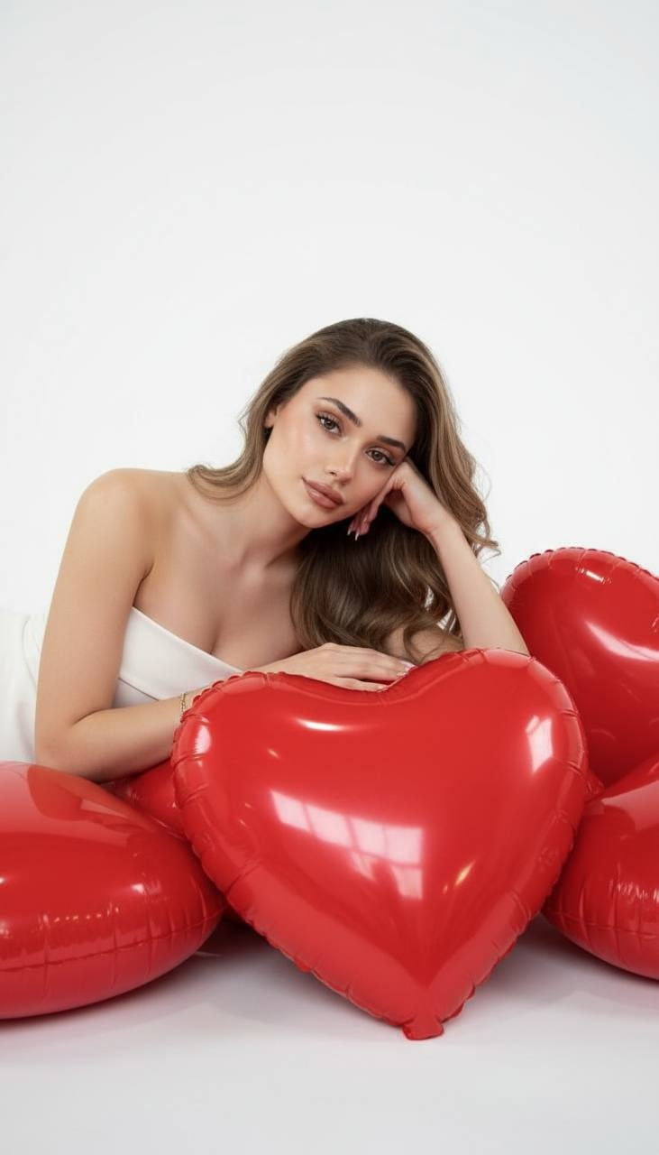 An elegant person reclines among large glossy red heart-shaped pillows, illuminated by soft, even lighting.