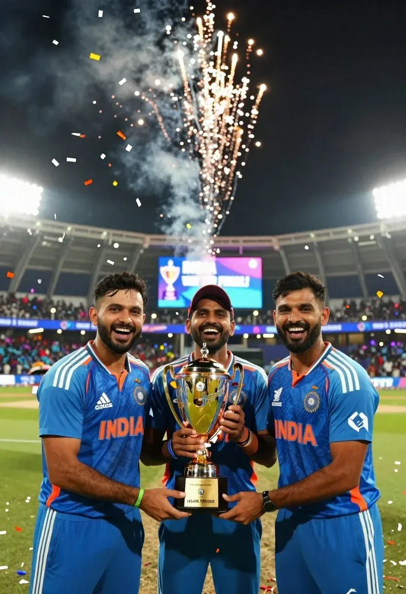 Three Smiling Cricket Players Blue India Jerseys Celebrate Together While