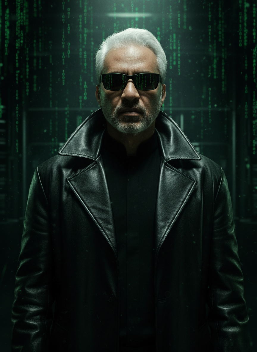 A transformed person resembling Neo from The Matrix, wearing dark sunglasses and a long black leather coat, in an atmospheric dark background.