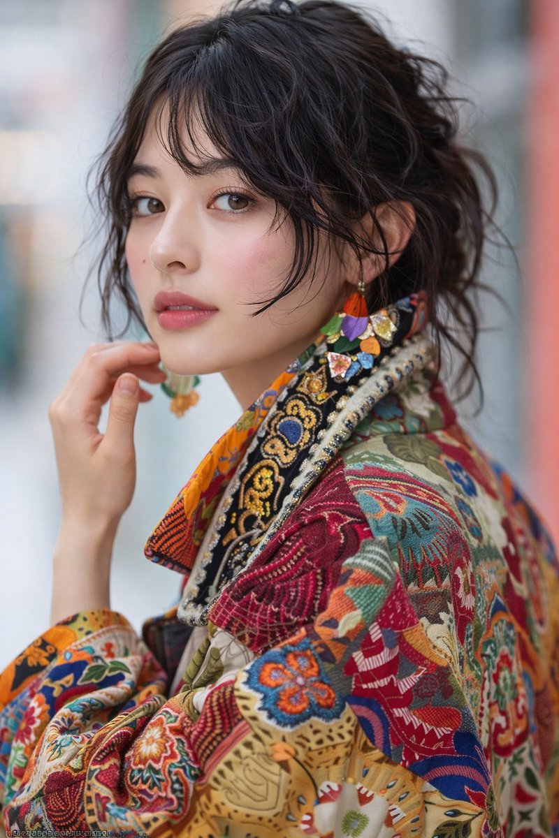 A young woman in a patchwork jacket, large almond-shaped eyes, and short dark brown hair, posed in an urban setting.
