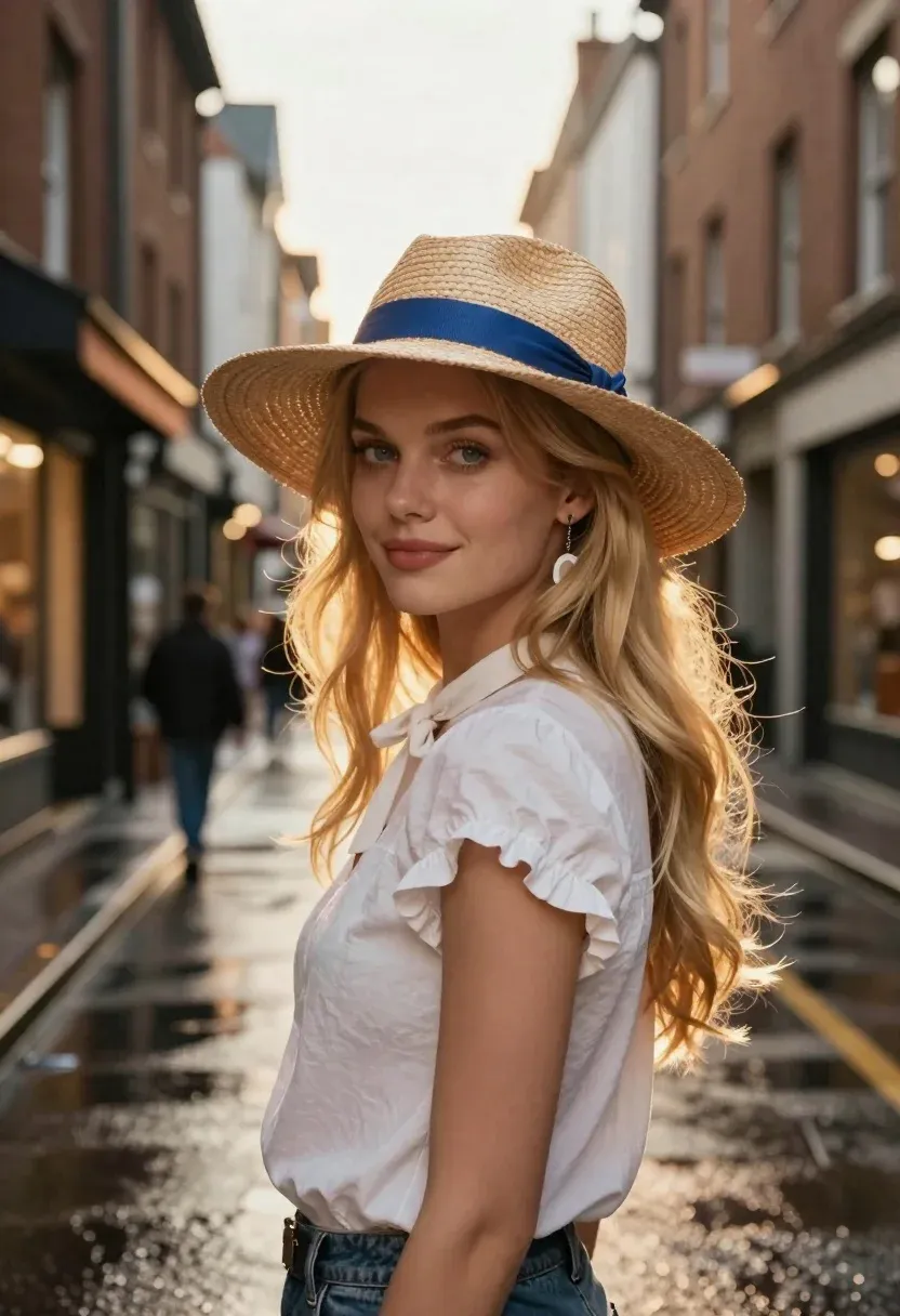 Photorealistic Portrait Young Woman Standing Wet City Street Golden Hour