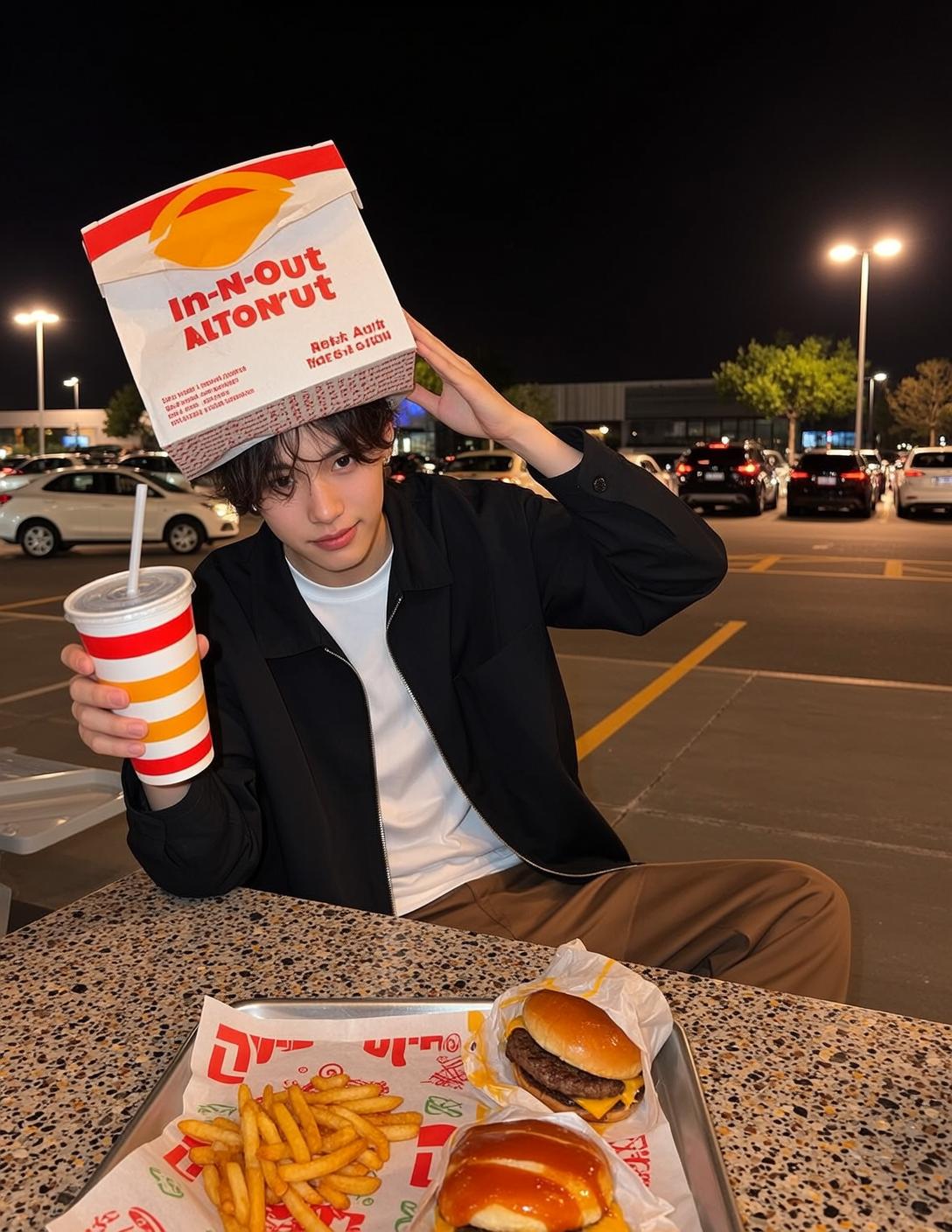 Explore Seated Holding Red Yellow Striped Cup