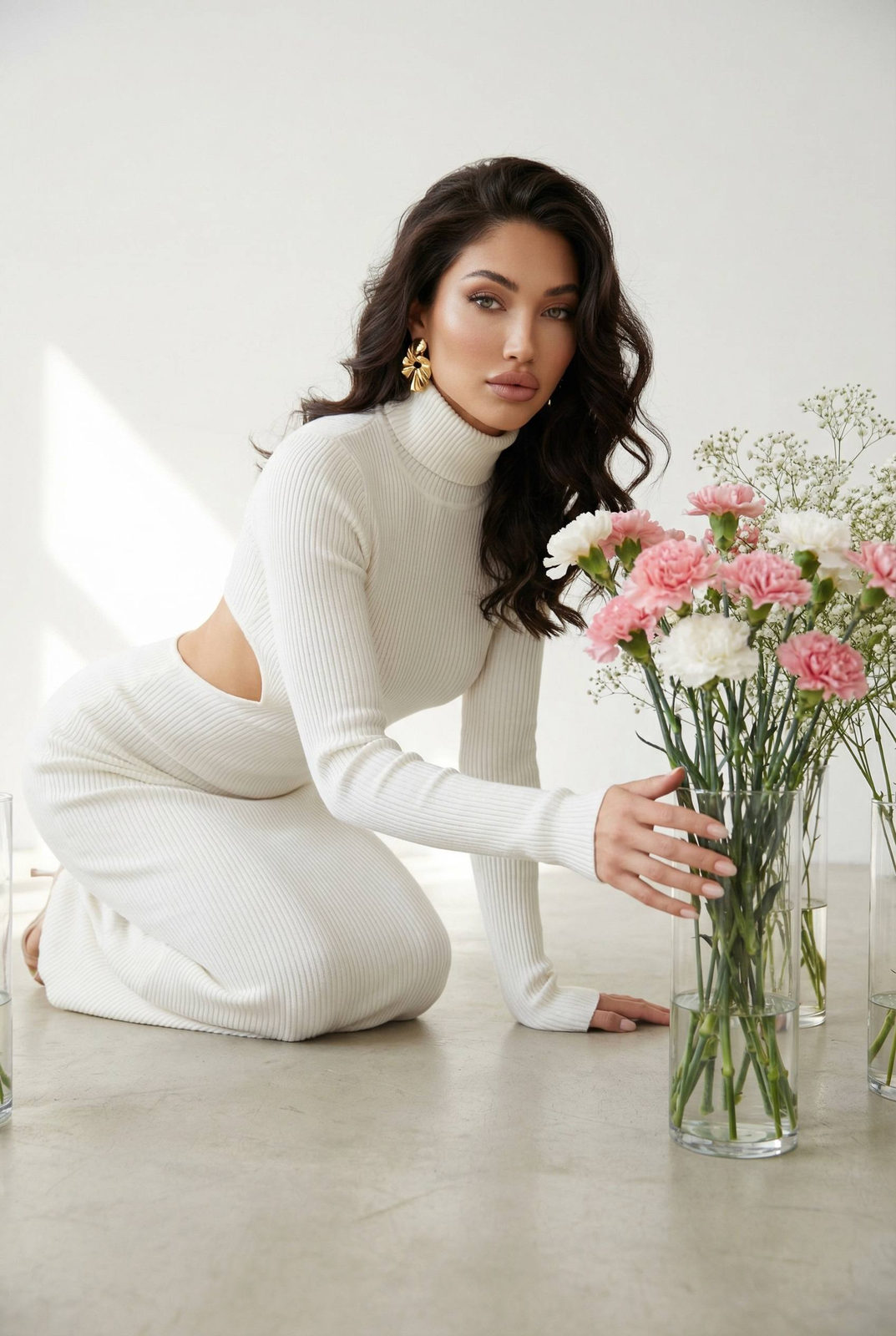 A woman in an elegant white dress kneeling, touching flowers in a studio.