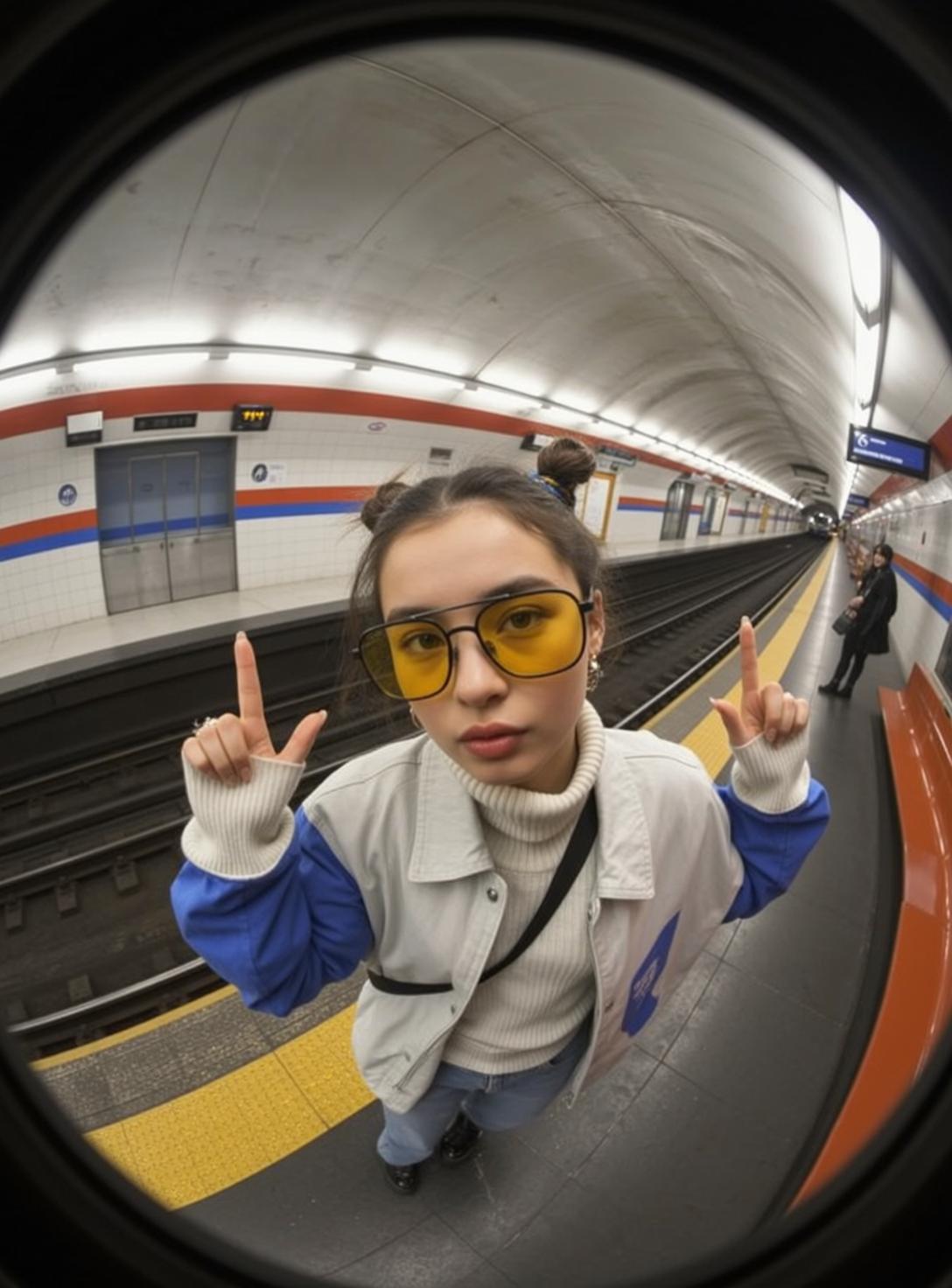 Fisheye Young Brown Hair Styled Two Buns