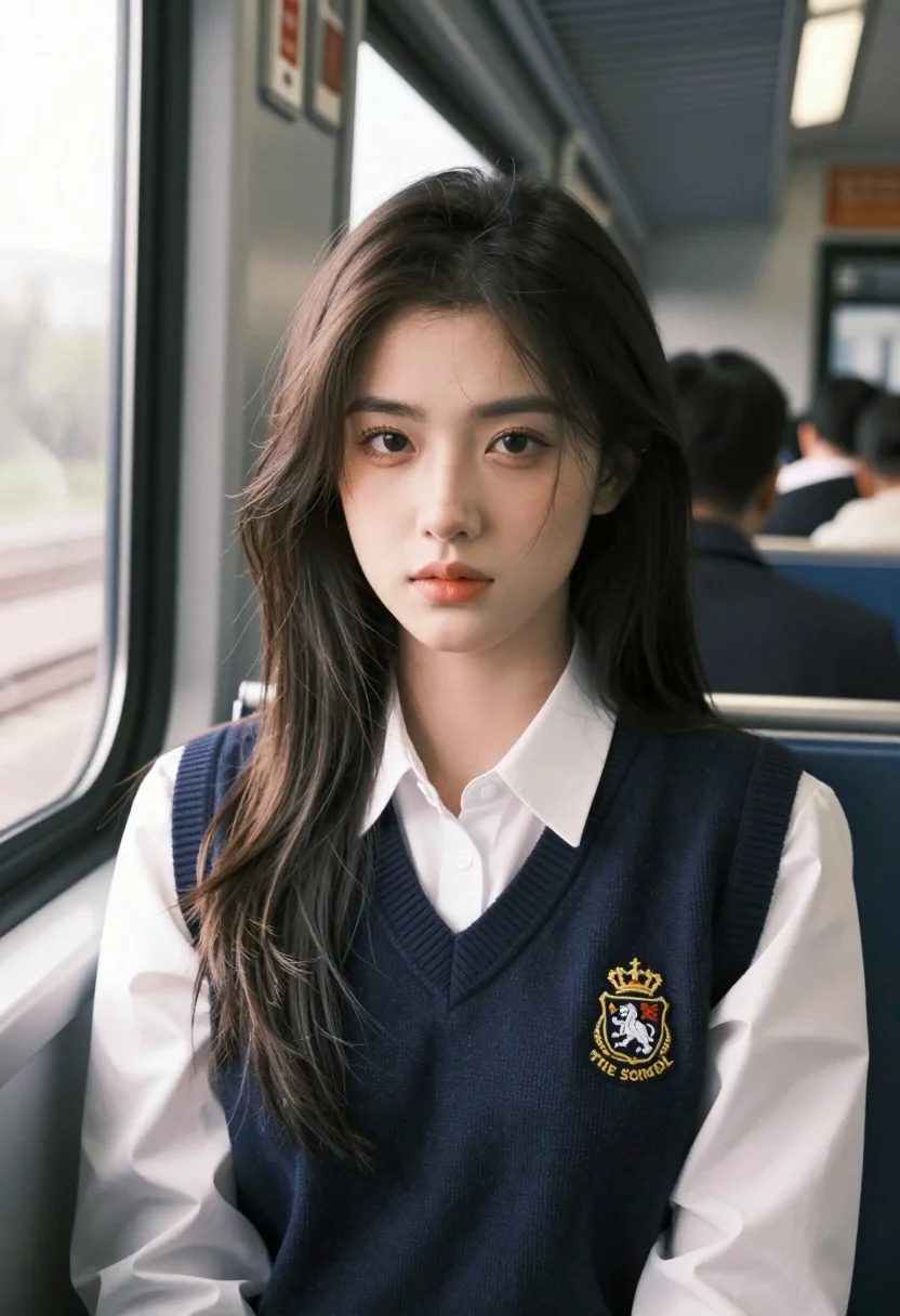 Young Woman With Long Dark Hair Sits Window Train Carriage