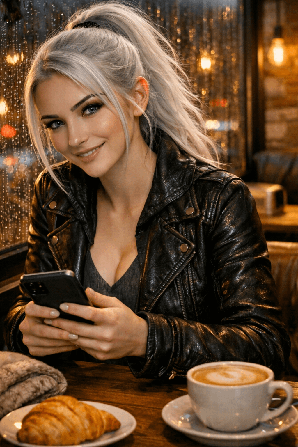 Cafe Scene Woman In Leather Jacket Holding Smartphone