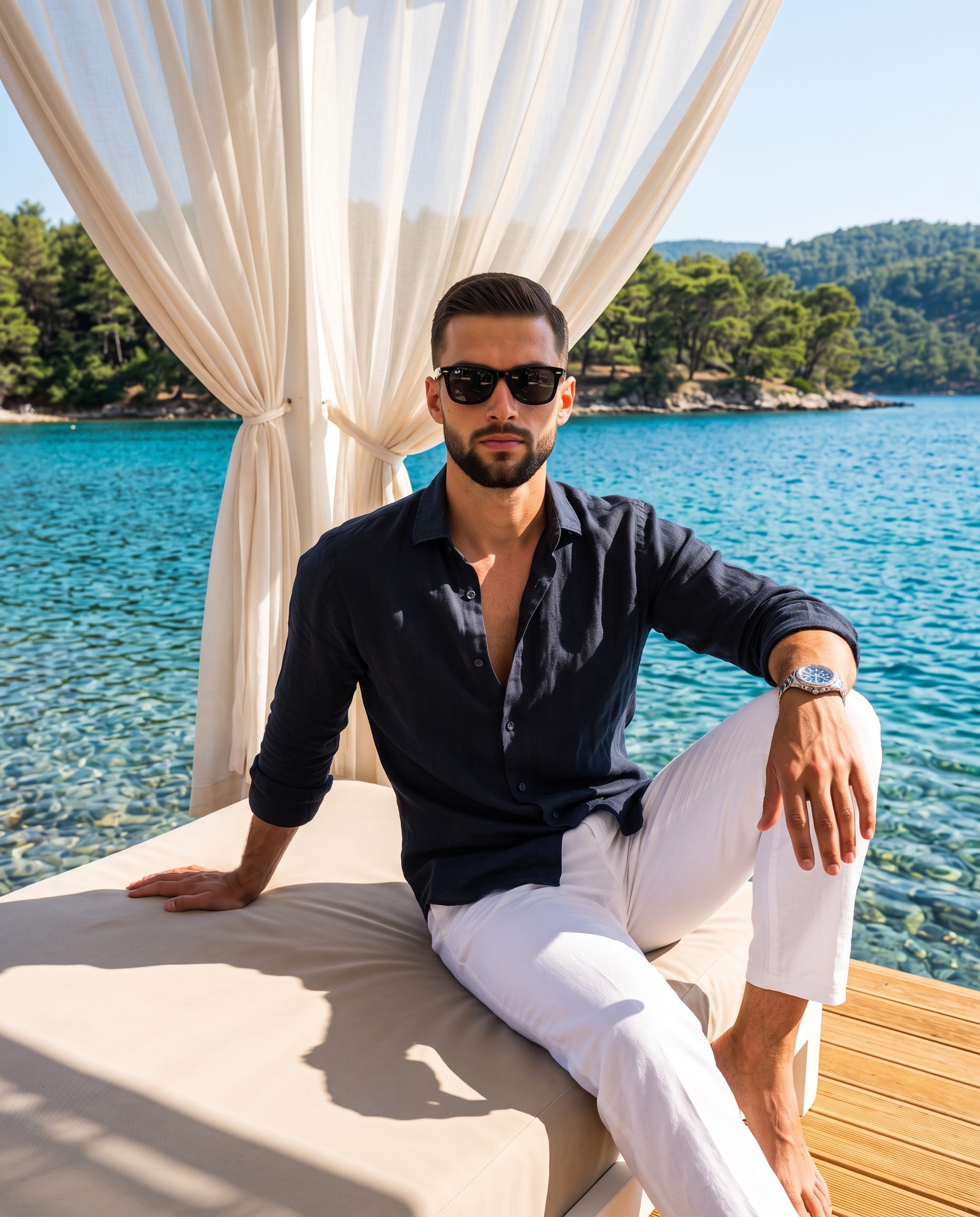 Linen Shirt White Trousers Relaxed Pose