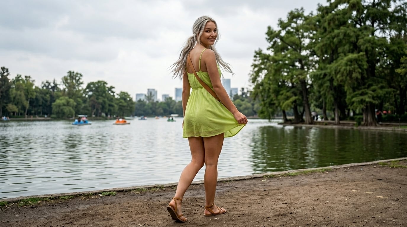 Lime Green Dress Dirt Path Lake Cityscape