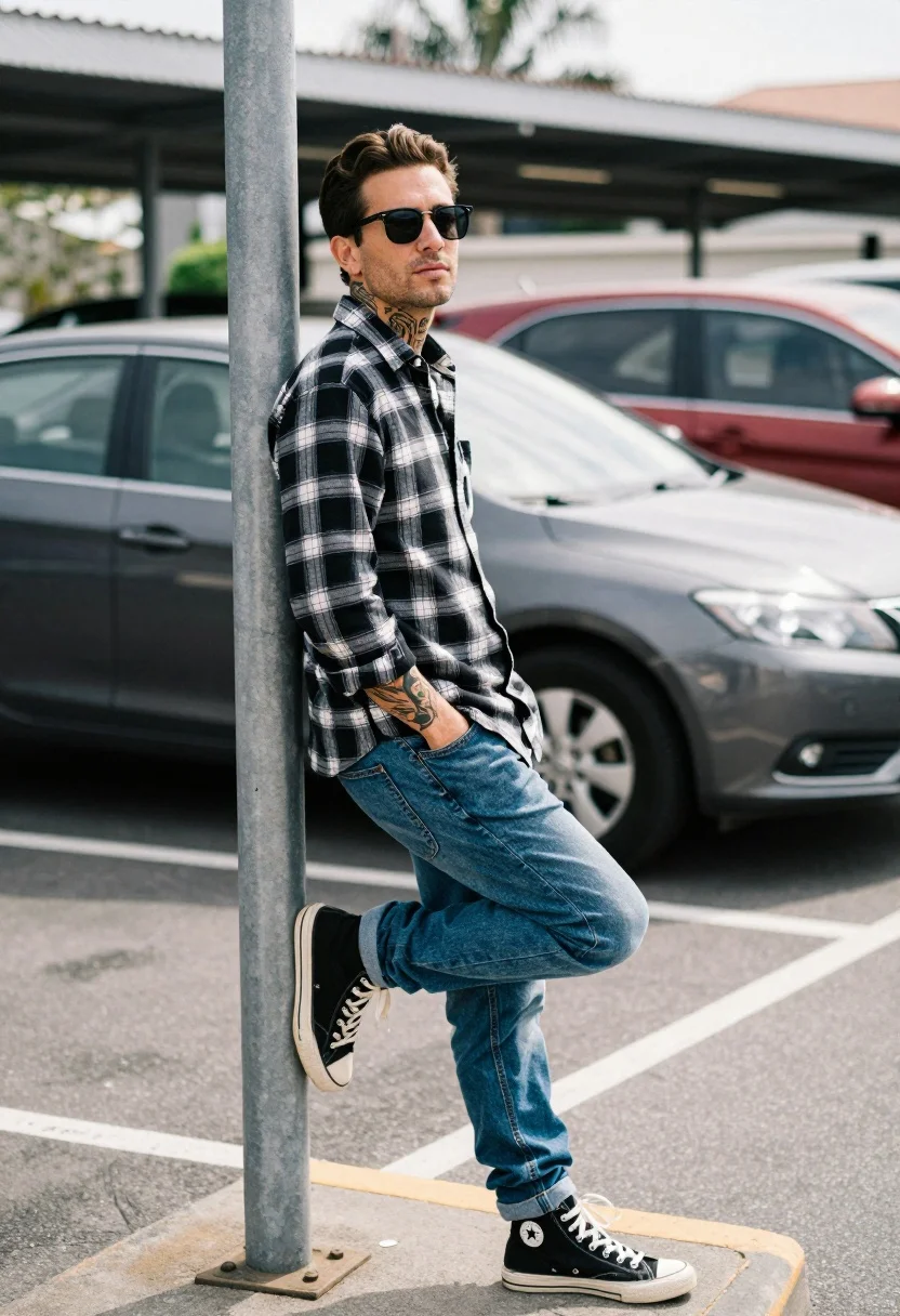 Man Leaning Casually Against Metal Pole Outdoor Parking Lot With