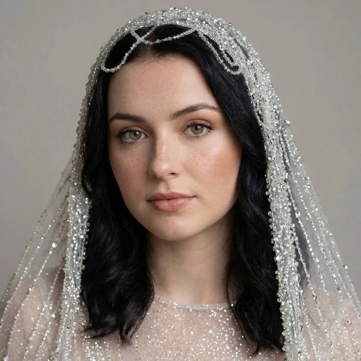 Eyeliner In A Sparkling Veil Bridal Portrait