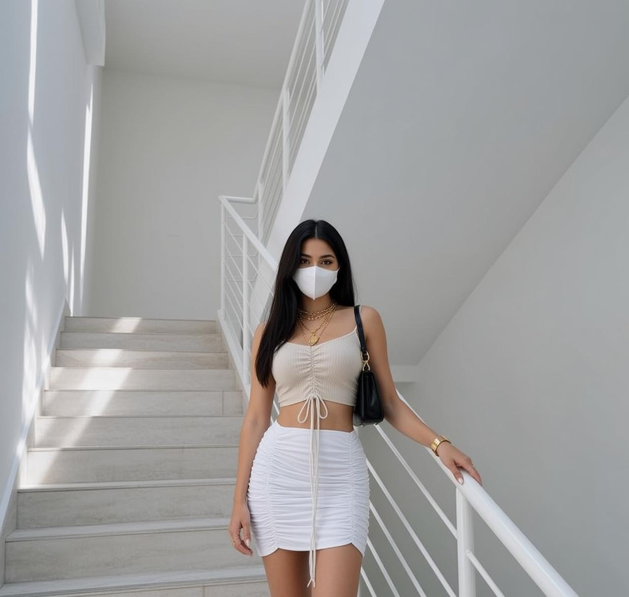 Acubi Stands Staircase Facing Neutral Expression Her