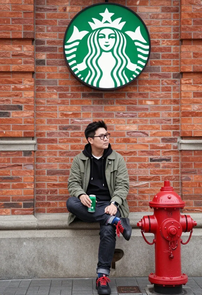 Man Sits Casually Concrete Ledge Front Red Brick Wall With