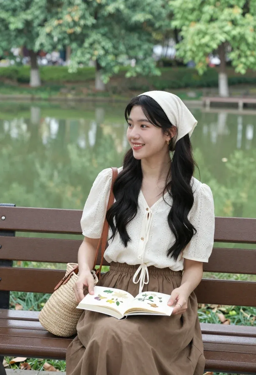 Smiling Woman With Long Dark Wavy Hair Sits Wooden Bench