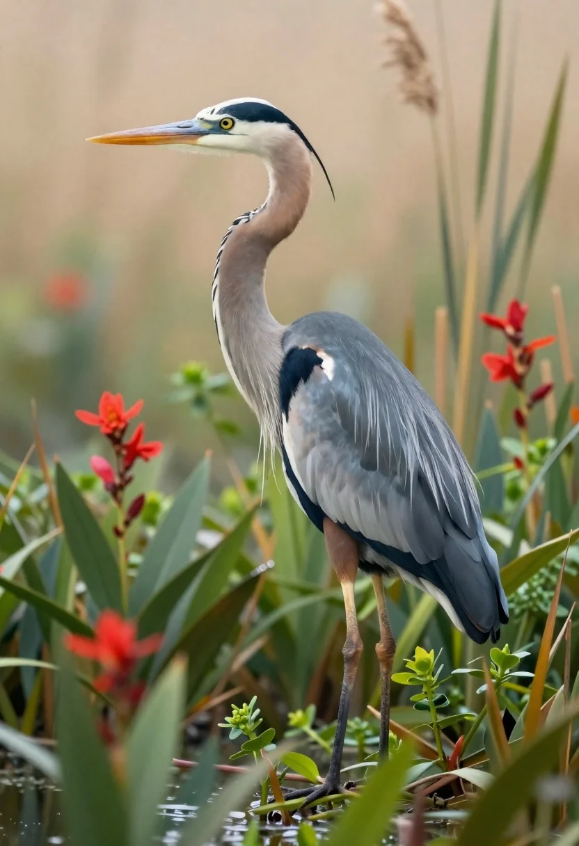 Hyperrealistic Digital Painting Blue Heron Standing Amidst Lush Wetland Vegetation reference photo