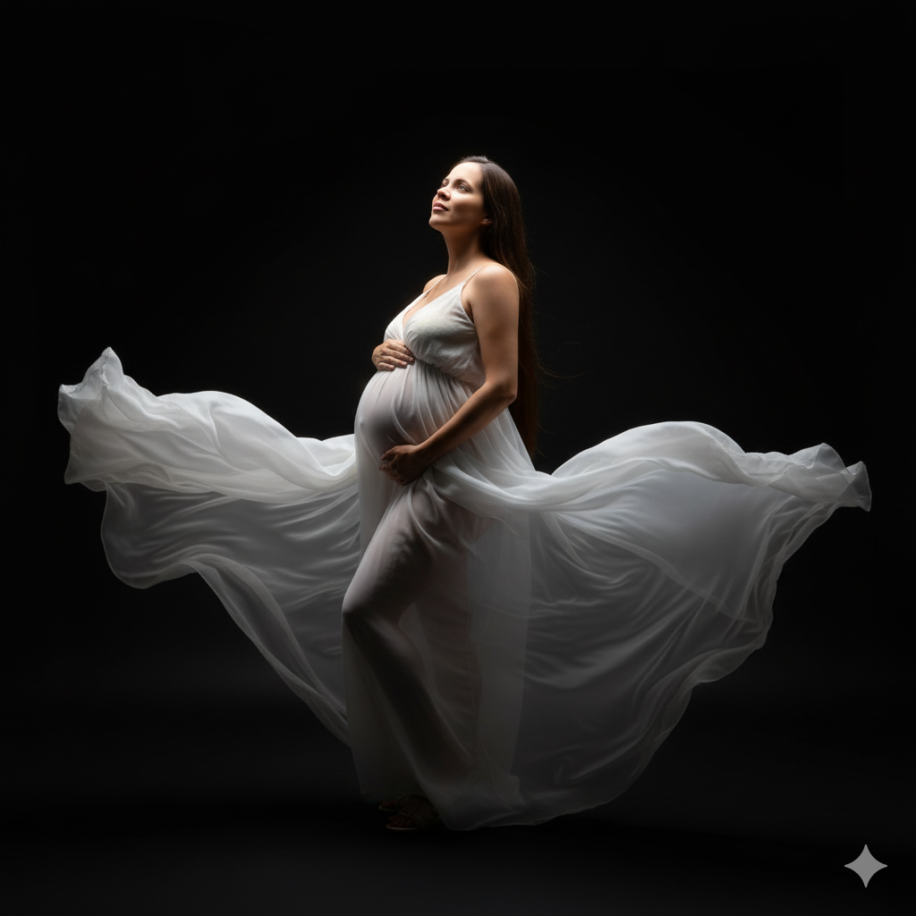 Pregnant woman in a flowing white gown against a black background, cradling her belly with a serene expression.