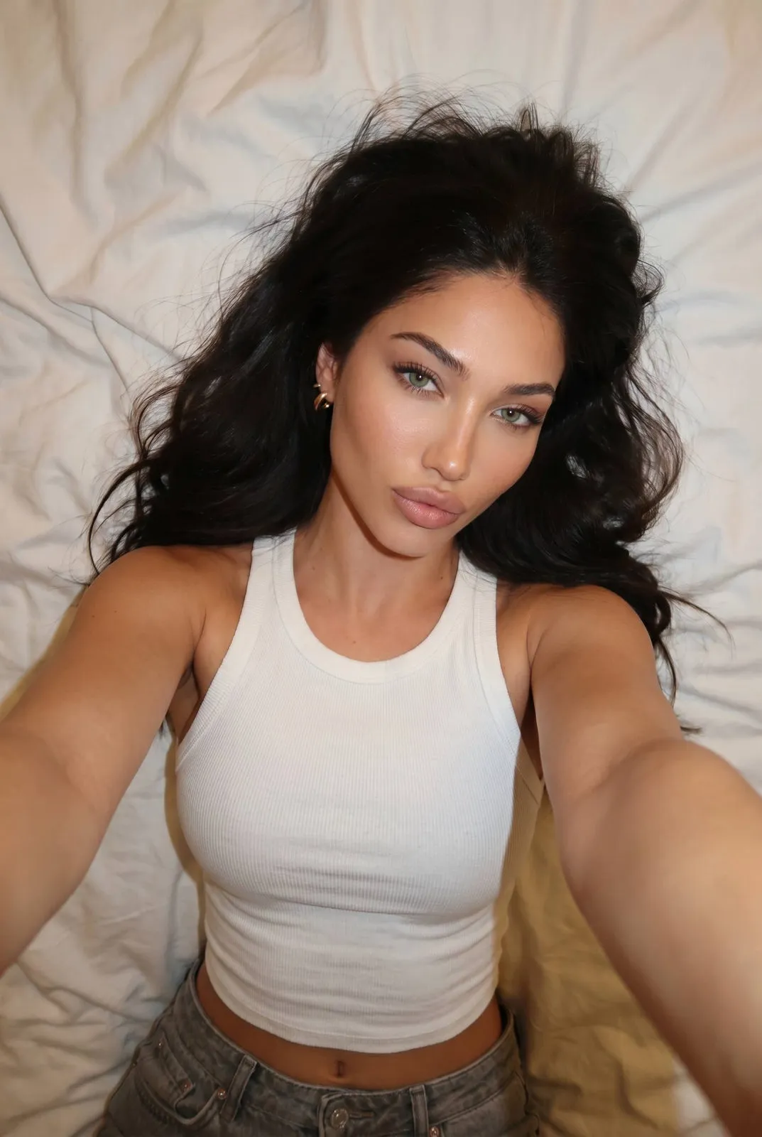 White Tank Top Grey Jeans Bed Selfie