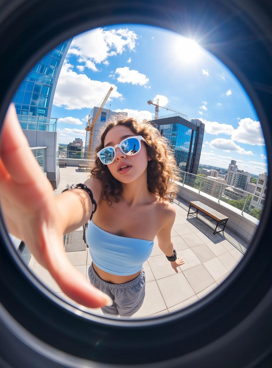 Blue Strapless Top Rooftop Selfie