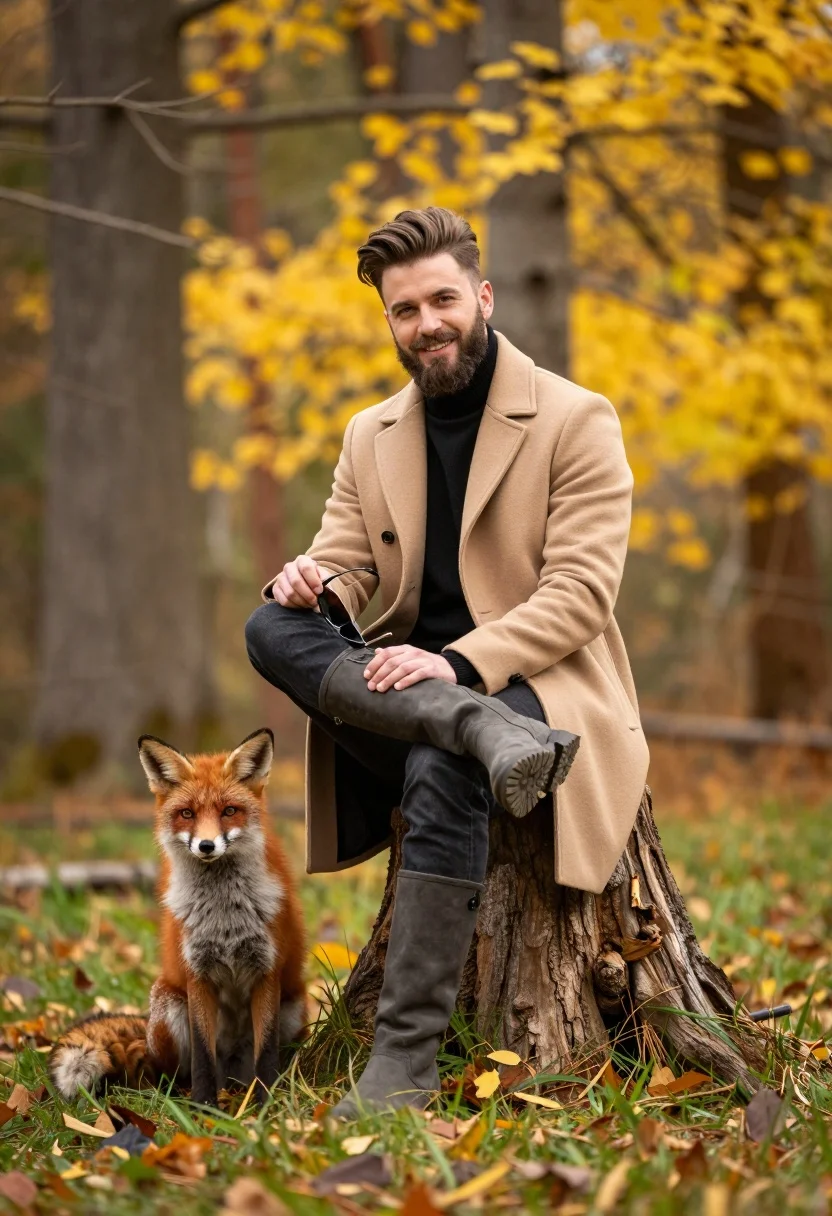 Man Sits Tree Stump Autumnal Forest With Red Fox Beside