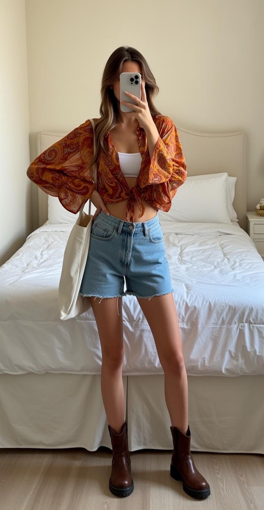 White Crop Top Wavy Hair Bedroom Standing