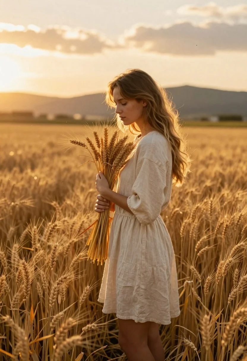 Young woman holding a sheaf of wheat in a golden field at sunset, warm light illuminating her face and hair.