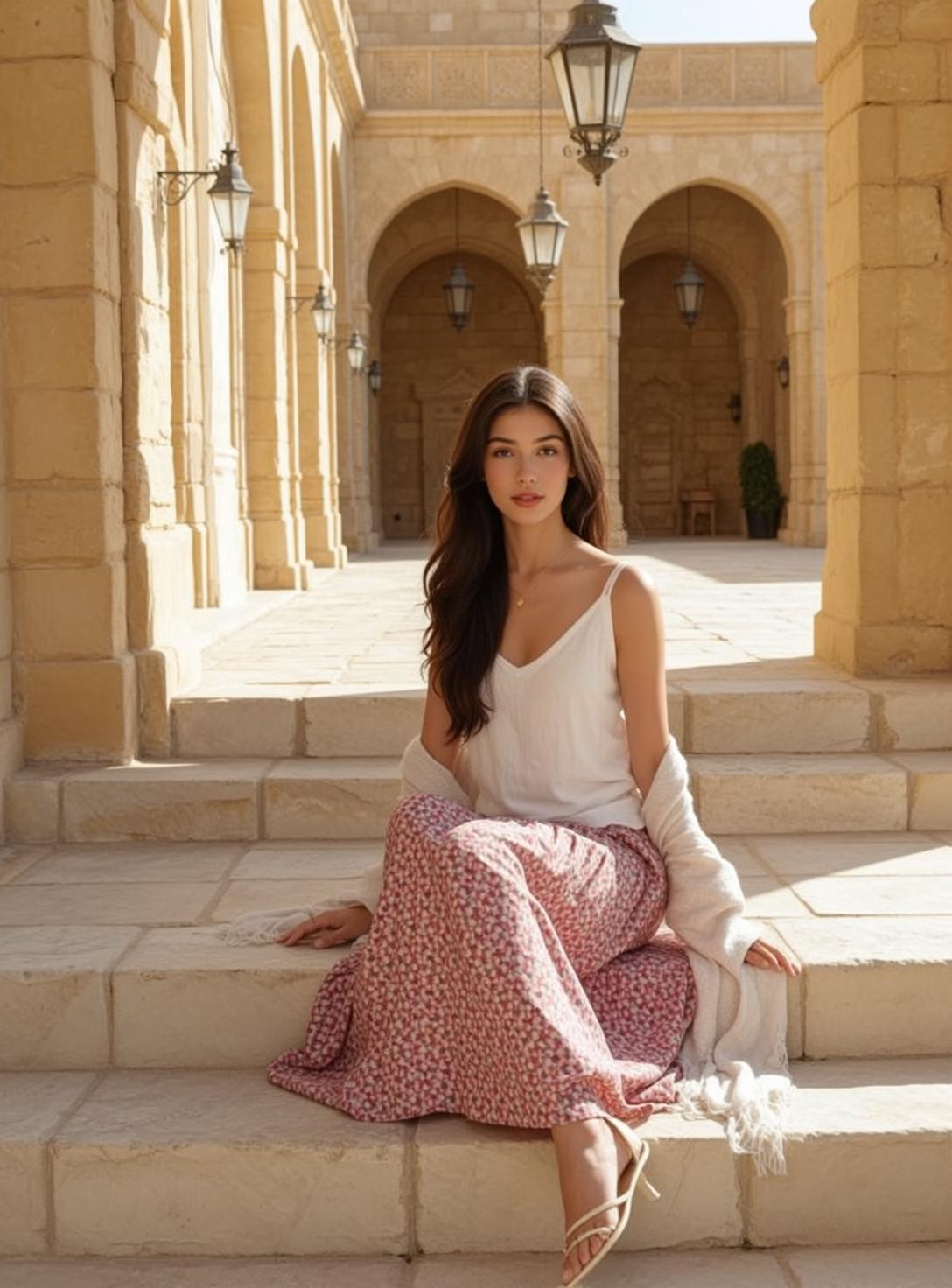 Cowgirl Seated Stone Steps Facing Relaxed Neutral