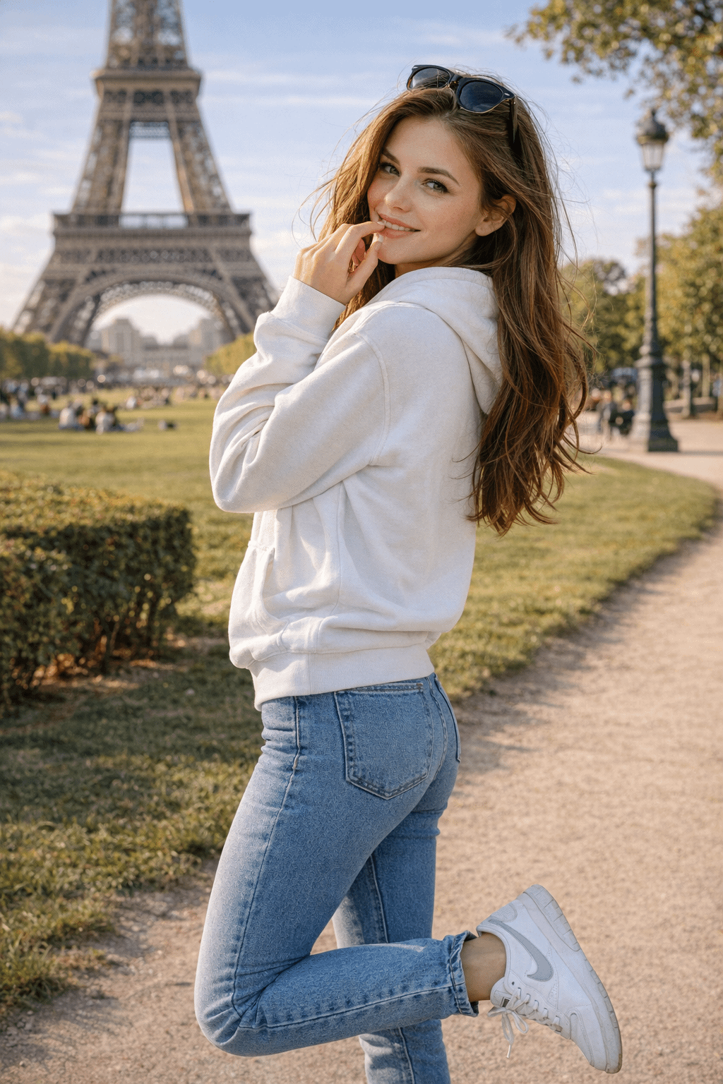 Eiffel Tower Park Gravel Path White Hoodie Jeans