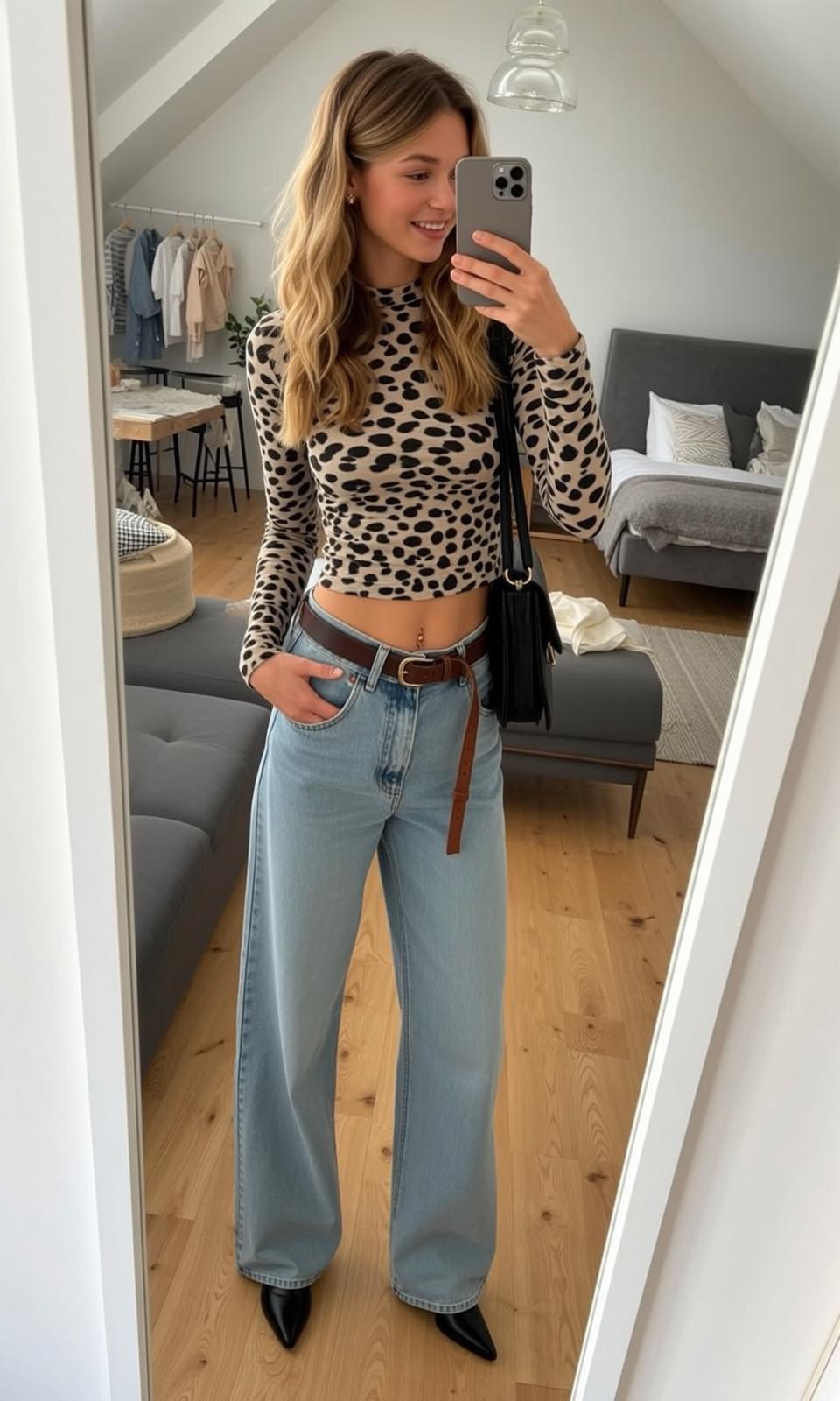 Explore Young Stands Facing Full-length Mirror Taking