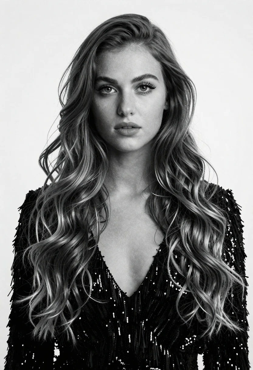 Striking Black And White Studio Portrait Young Woman With Long reference photo