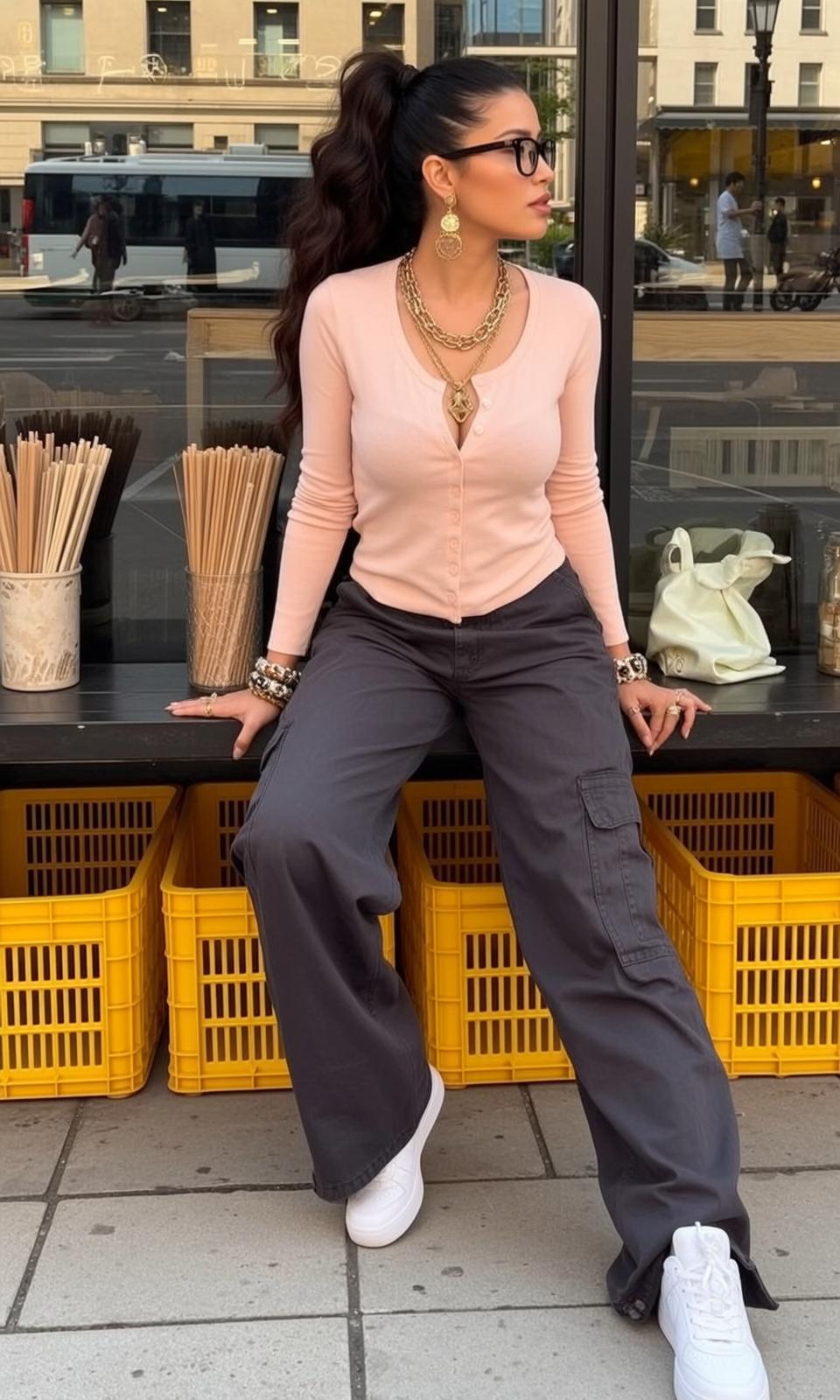 Grey Cardigan Ponytail Storefront Leaning