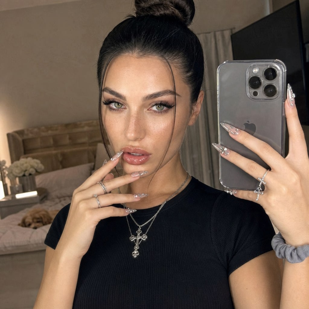 A woman in nude makeup takes a selfie in the mirror holding an iPhone 16 pro max, with black eyelashes and velvet nude-pink lips, in a beige bedroom.