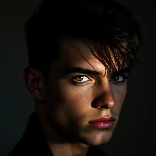 High-contrast dramatic portrait of a young man with sharp features and a stylish haircut, featuring strong shadows and highlights.