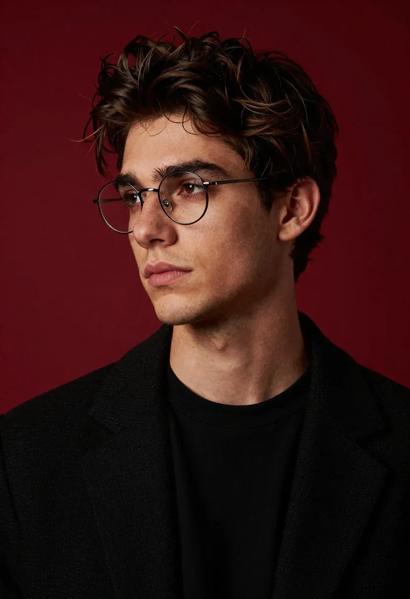 Young Man With Tousled Dark Brown Hair And Round Wire-rimmed