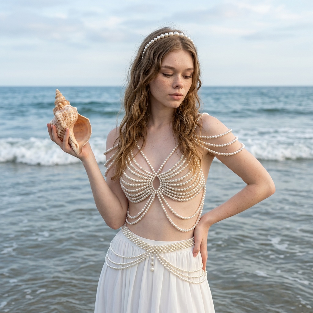 Beach Portrait Pearl Jewelry Woman Holding Seashell Shallow Water