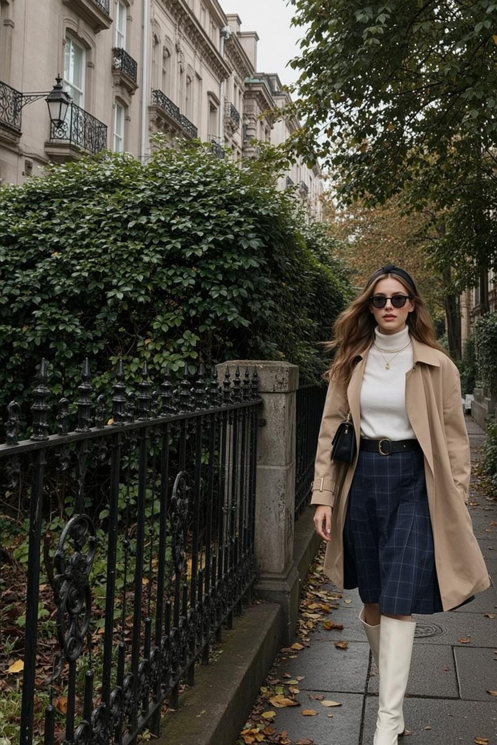 Walking City Street White Turtleneck Plaid Skirt