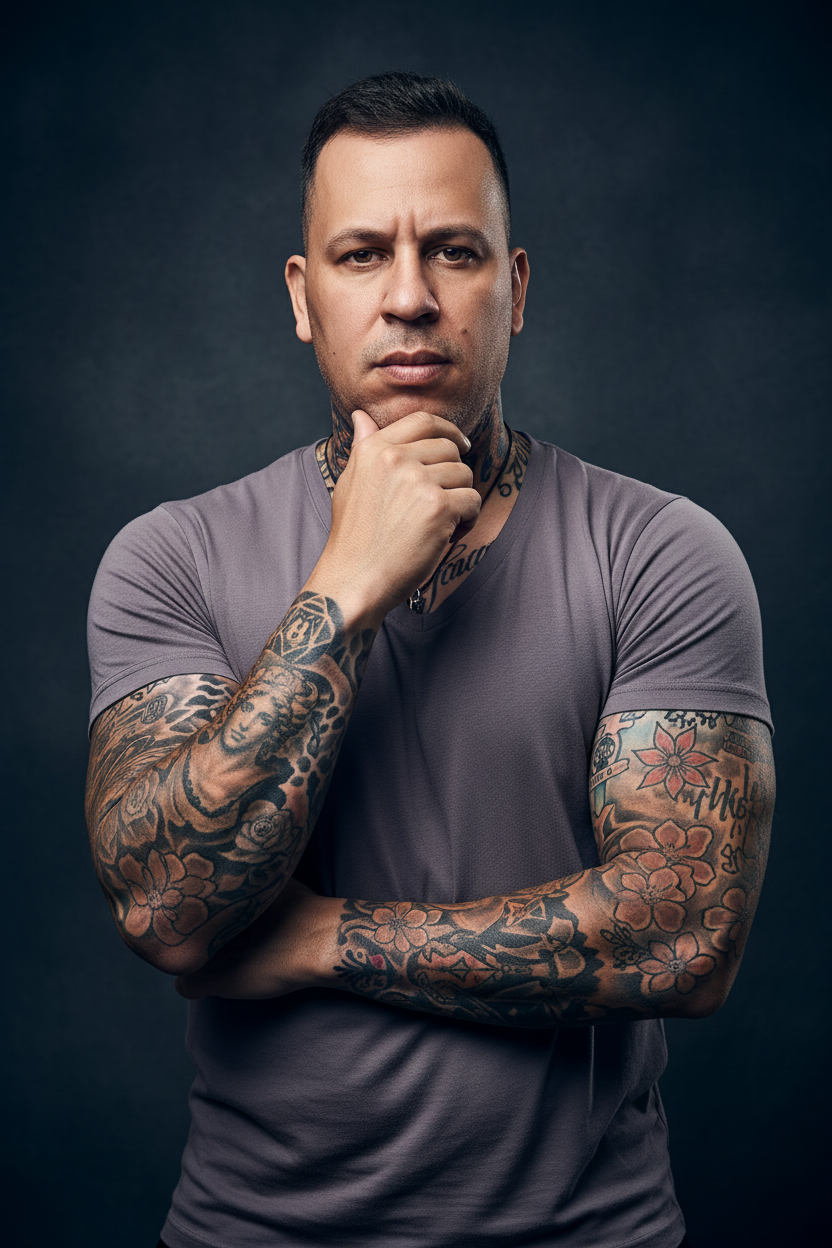 A dramatic half-body portrait of a muscular man in a deep burgundy V-neck t-shirt with detailed tattoos, showcasing intense expression and moody lighting.